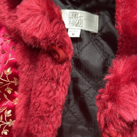 Red Satin Oriental Fur Collared Japanese Blazer Jacket Size Small - Picture 4 of 8